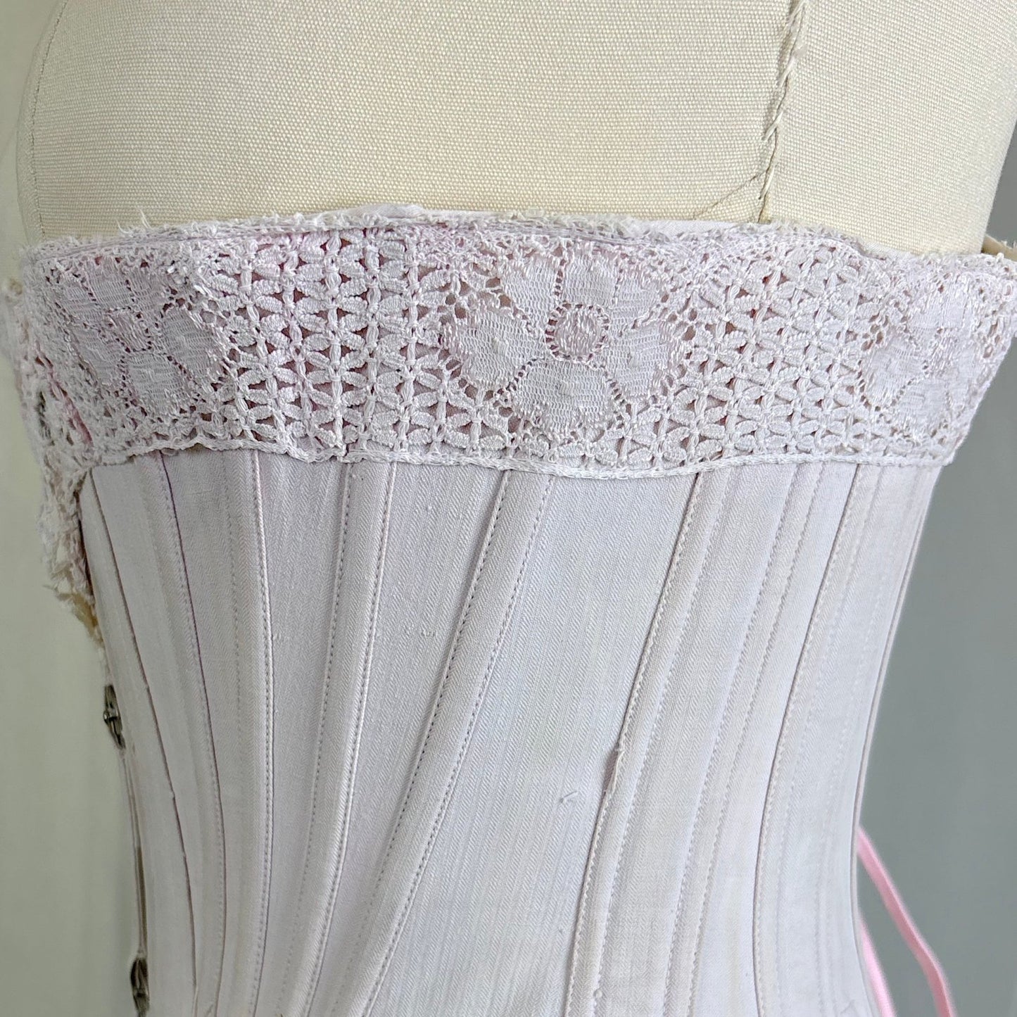 Antique 1900's - 1910's Palest Pink Cotton Coutil Underbust Corset with Floral Lace & Satin Bows, size 24 waist - Daggers & Dames