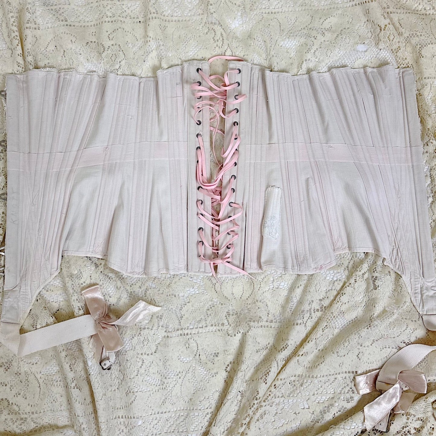 Antique 1900's - 1910's Palest Pink Cotton Coutil Underbust Corset with Floral Lace & Satin Bows, size 24 waist - Daggers & Dames