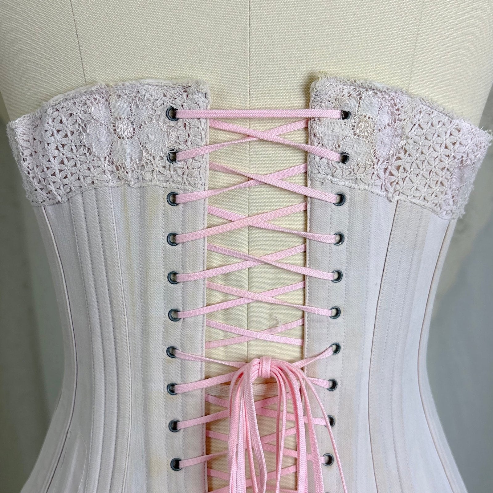 Antique 1900's - 1910's Palest Pink Cotton Coutil Underbust Corset with Floral Lace & Satin Bows, size 24 waist - Daggers & Dames