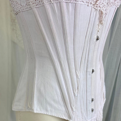 Antique 1900's - 1910's Palest Pink Cotton Coutil Underbust Corset with Floral Lace & Satin Bows, size 24 waist - Daggers & Dames