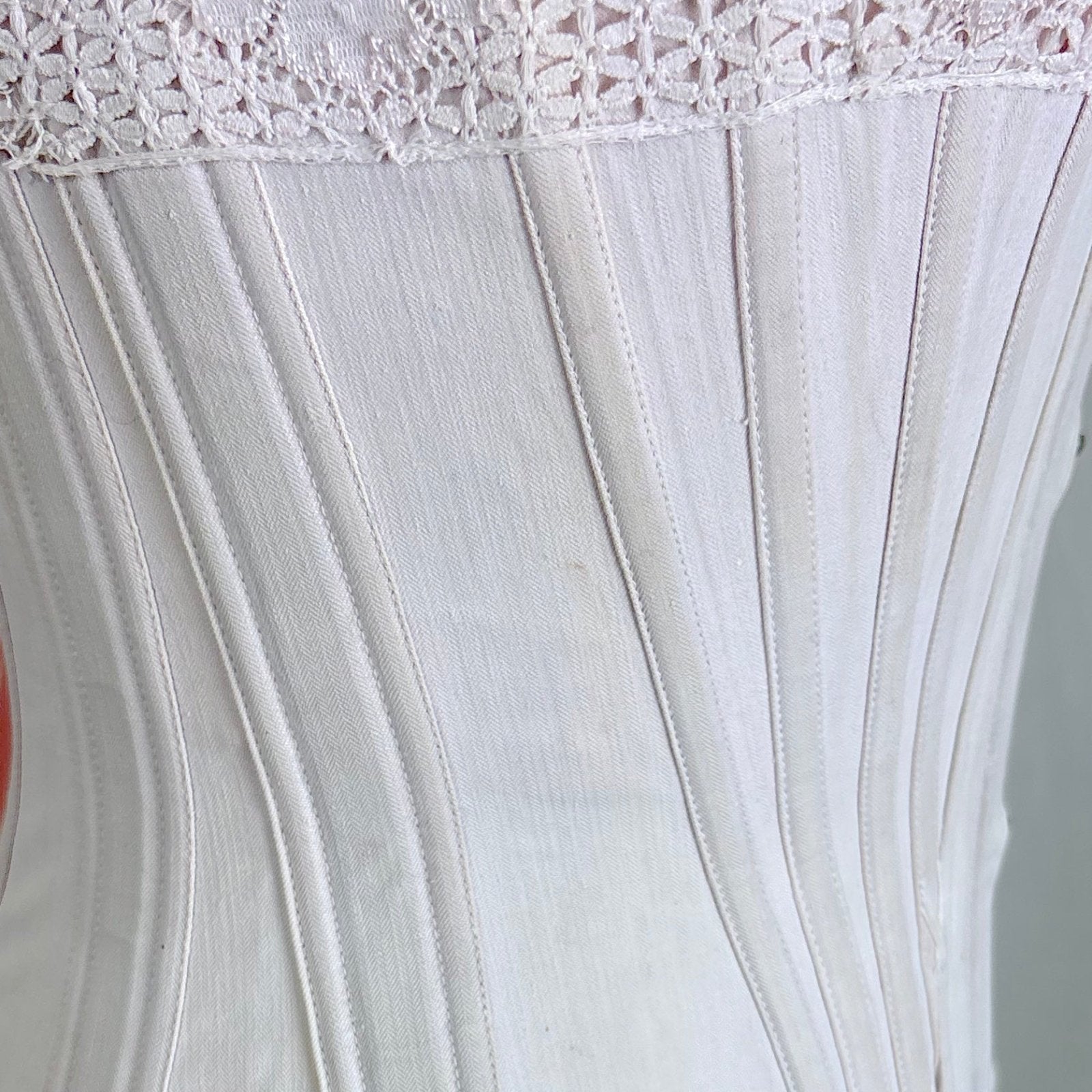 Antique 1900's - 1910's Palest Pink Cotton Coutil Underbust Corset with Floral Lace & Satin Bows, size 24 waist - Daggers & Dames