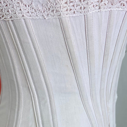 Antique 1900's - 1910's Palest Pink Cotton Coutil Underbust Corset with Floral Lace & Satin Bows, size 24 waist - Daggers & Dames