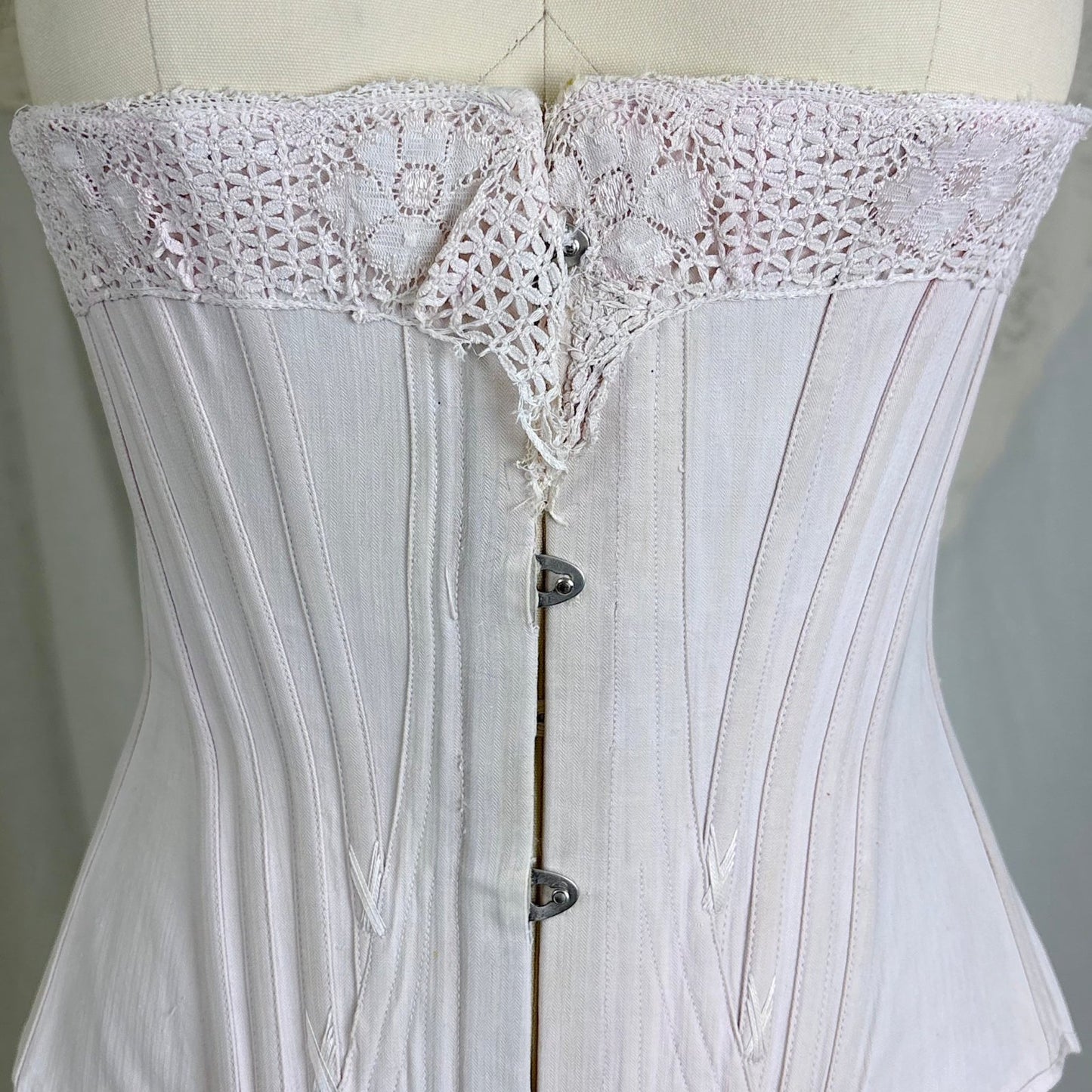 Antique 1900's - 1910's Palest Pink Cotton Coutil Underbust Corset with Floral Lace & Satin Bows, size 24 waist - Daggers & Dames