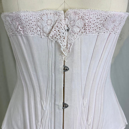 Antique 1900's - 1910's Palest Pink Cotton Coutil Underbust Corset with Floral Lace & Satin Bows, size 24 waist - Daggers & Dames