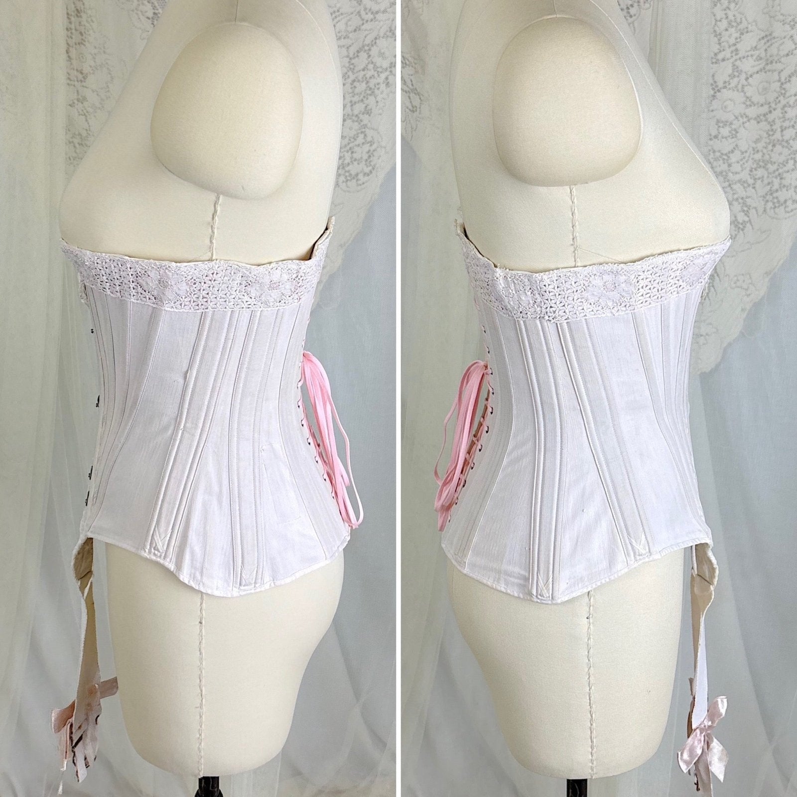Antique 1900's - 1910's Palest Pink Cotton Coutil Underbust Corset with Floral Lace & Satin Bows, size 24 waist - Daggers & Dames