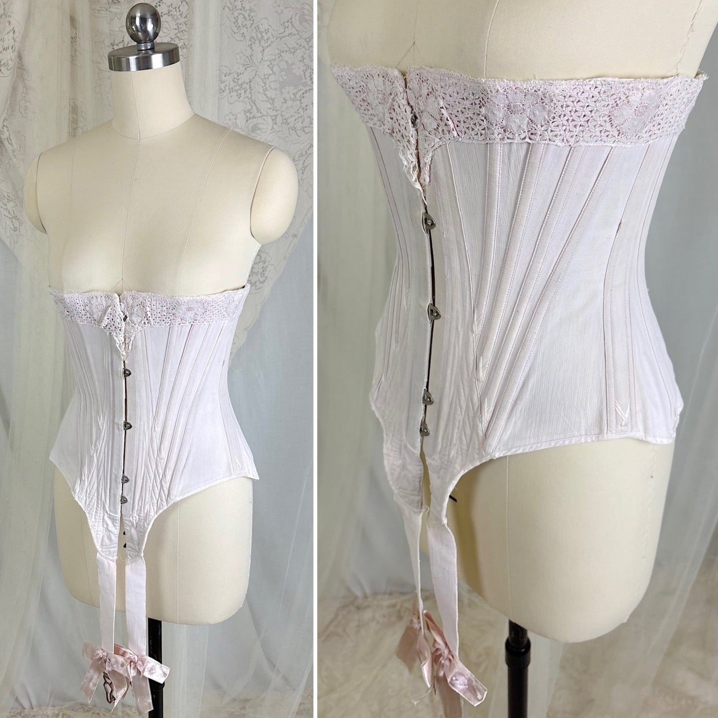 Antique 1900's - 1910's Palest Pink Cotton Coutil Underbust Corset with Floral Lace & Satin Bows, size 24 waist - Daggers & Dames
