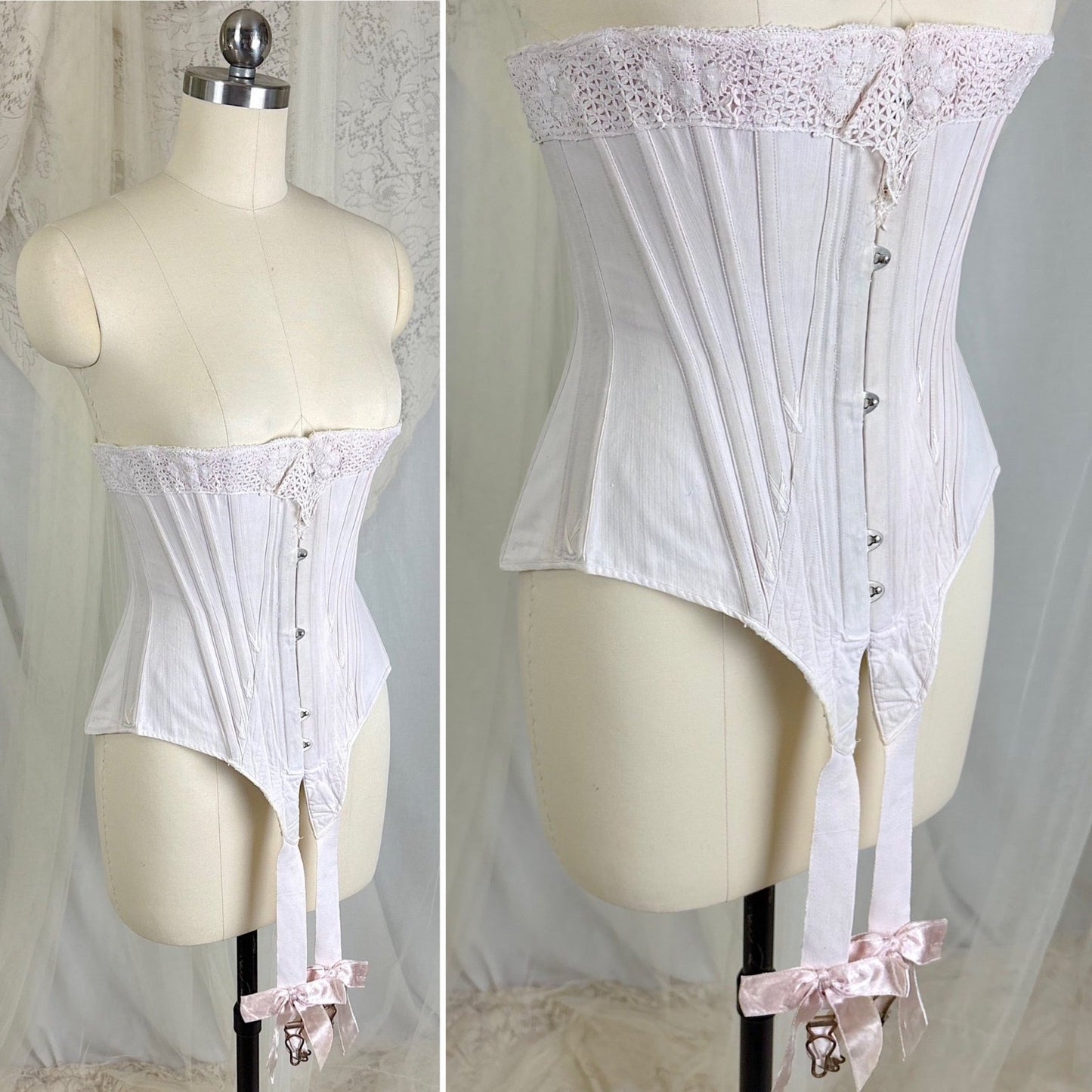 Antique 1900's - 1910's Palest Pink Cotton Coutil Underbust Corset with Floral Lace & Satin Bows, size 24 waist - Daggers & Dames