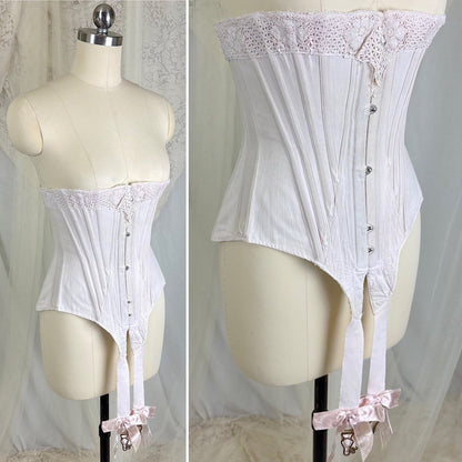 Antique 1900's - 1910's Palest Pink Cotton Coutil Underbust Corset with Floral Lace & Satin Bows, size 24 waist - Daggers & Dames