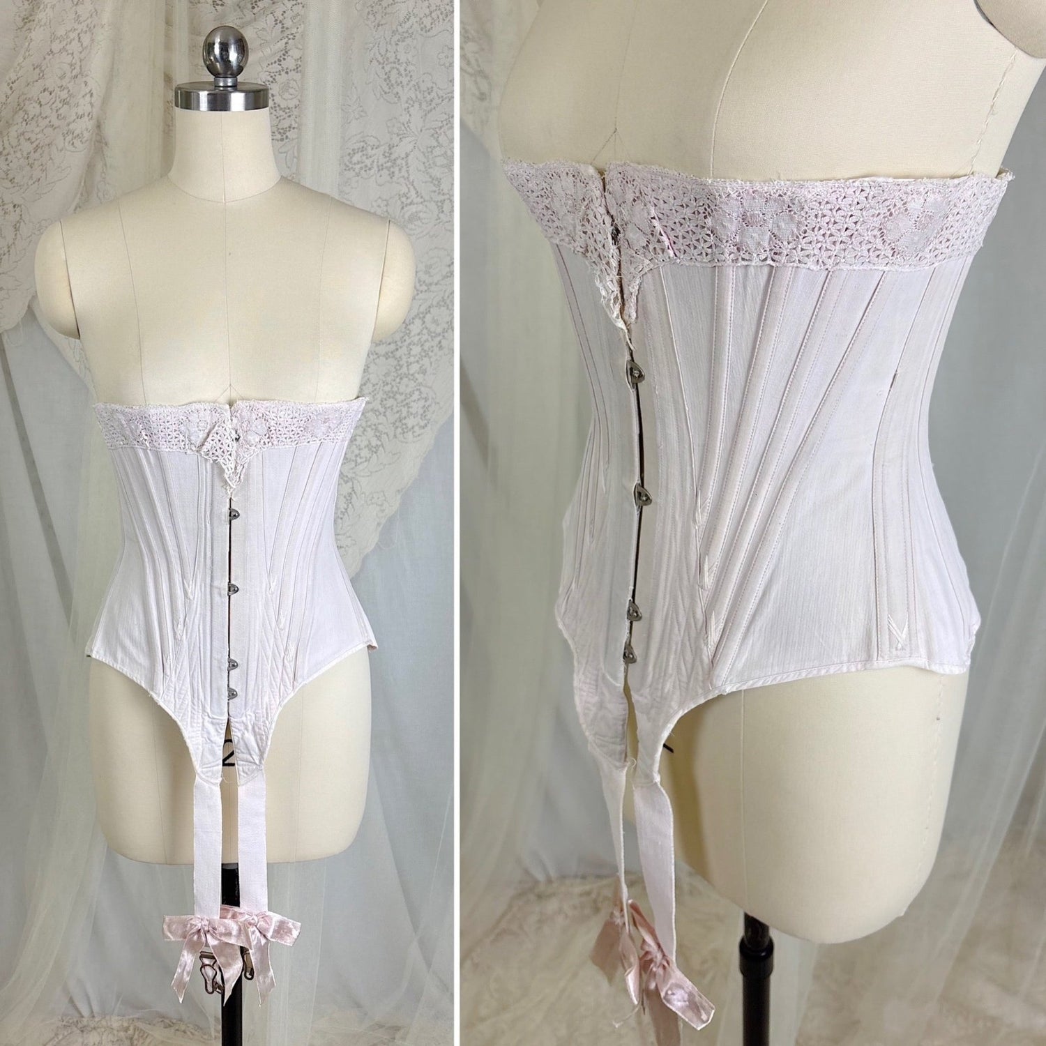 Antique 1900's - 1910's Palest Pink Cotton Coutil Underbust Corset with Floral Lace & Satin Bows, size 24 waist - Daggers & Dames