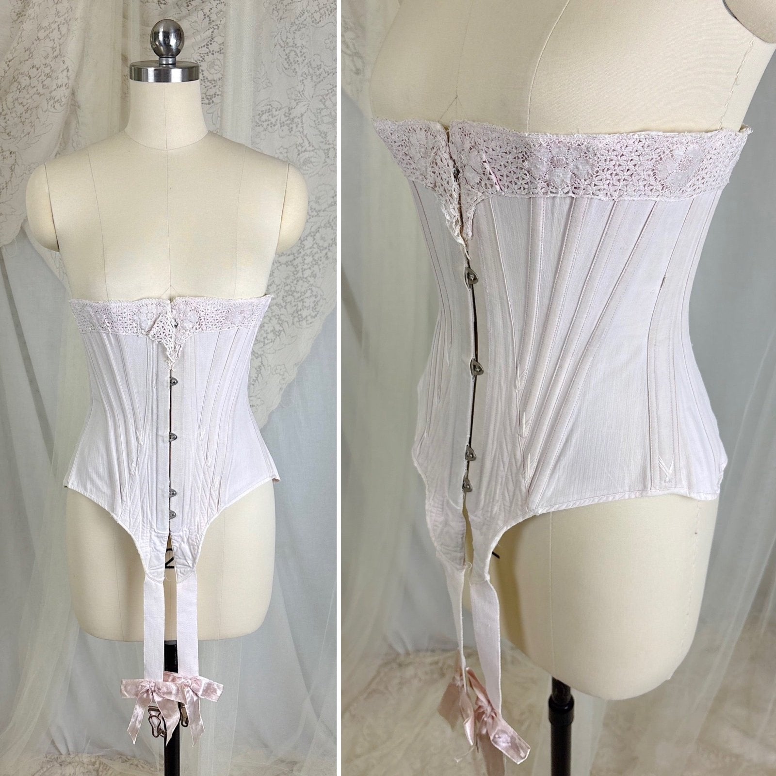 Antique 1900's - 1910's Palest Pink Cotton Coutil Underbust Corset with Floral Lace & Satin Bows, size 24 waist - Daggers & Dames