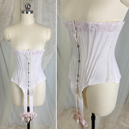 Antique 1900's - 1910's Palest Pink Cotton Coutil Underbust Corset with Floral Lace & Satin Bows, size 24 waist - Daggers & Dames