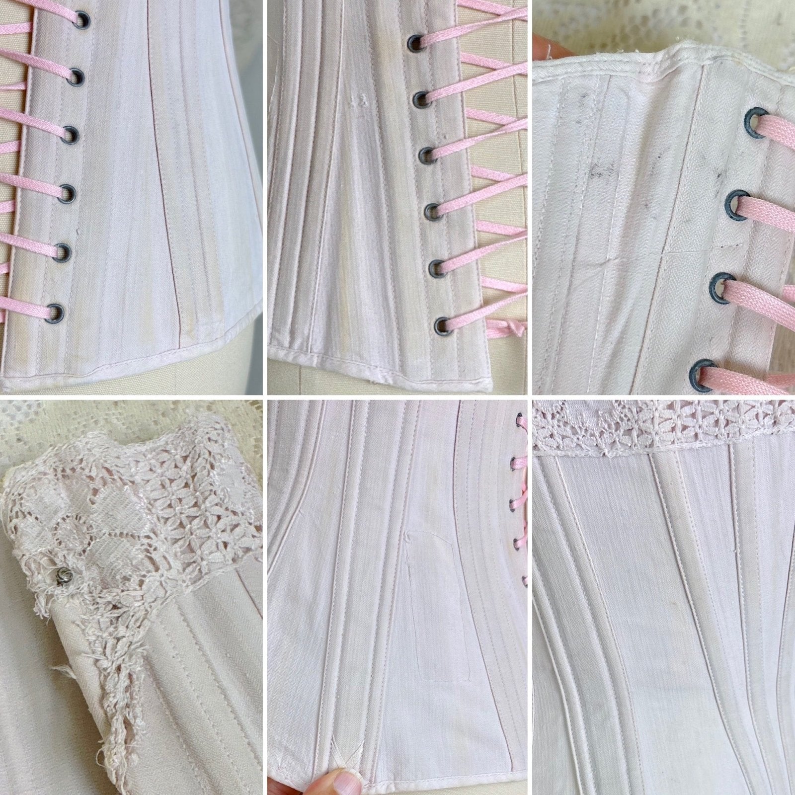 Antique 1900's - 1910's Palest Pink Cotton Coutil Underbust Corset with Floral Lace & Satin Bows, size 24 waist - Daggers & Dames