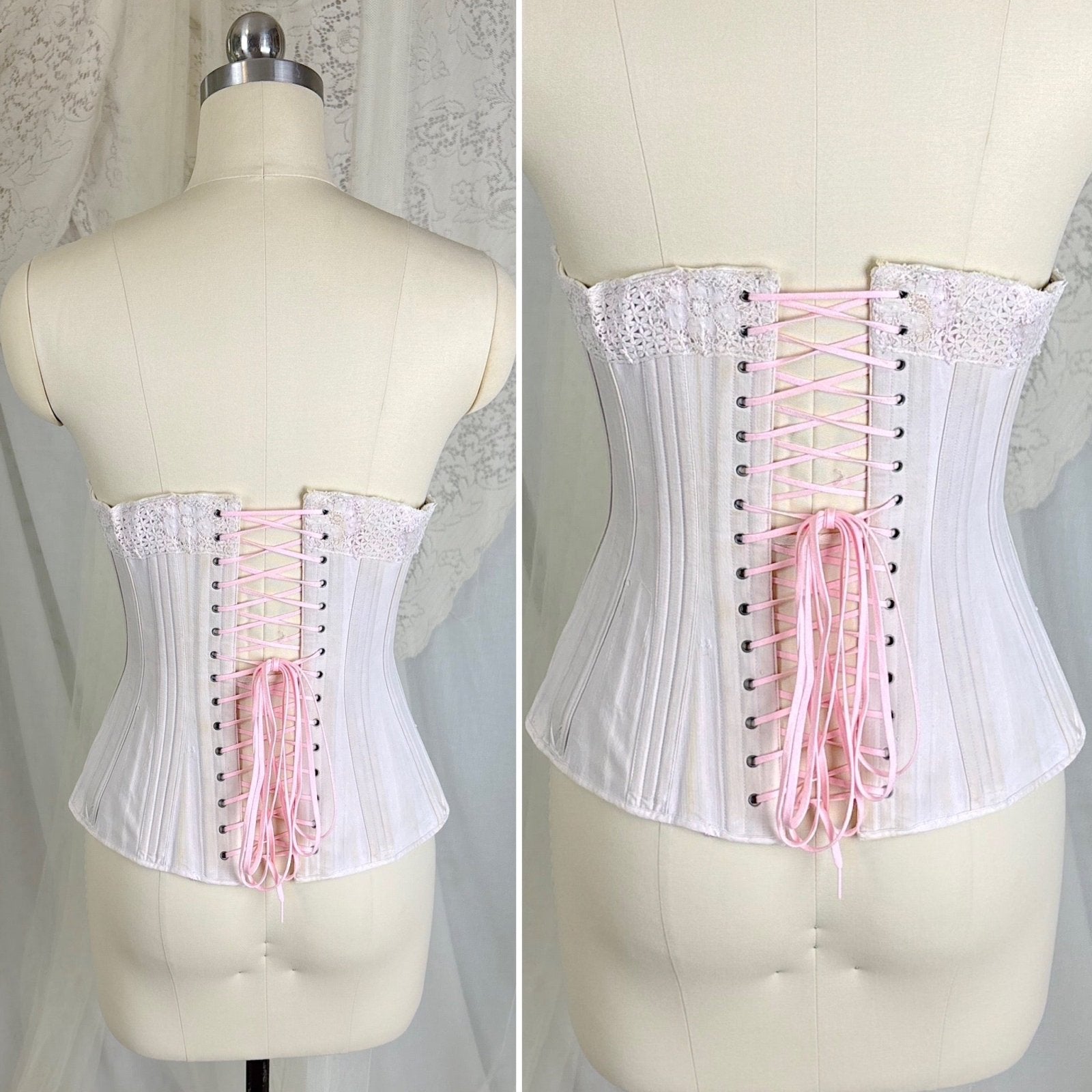 Antique 1900's - 1910's Palest Pink Cotton Coutil Underbust Corset with Floral Lace & Satin Bows, size 24 waist - Daggers & Dames