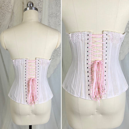 Antique 1900's - 1910's Palest Pink Cotton Coutil Underbust Corset with Floral Lace & Satin Bows, size 24 waist - Daggers & Dames