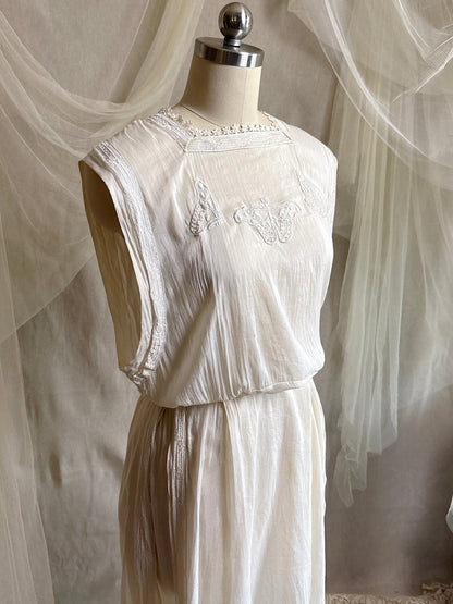 Antique 1910's - 1920's Dress - Soft White Natural Pongee Silk with Moth Embroidery & Tablier Overskirt | XXS, XS - Daggers & Dames