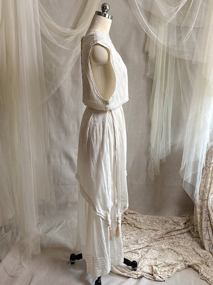 Antique 1910's - 1920's Dress - Soft White Natural Pongee Silk with Moth Embroidery & Tablier Overskirt | XXS, XS - Daggers & Dames