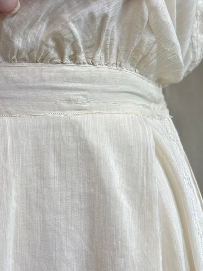 Antique 1910's - 1920's Dress - Soft White Natural Pongee Silk with Moth Embroidery & Tablier Overskirt | XXS, XS - Daggers & Dames
