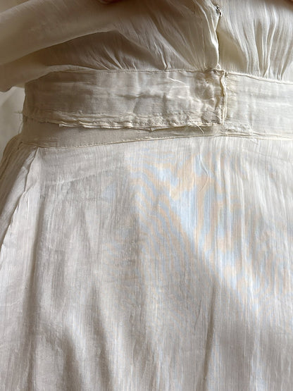 Antique 1910's - 1920's Dress - Soft White Natural Pongee Silk with Moth Embroidery & Tablier Overskirt | XXS, XS - Daggers & Dames