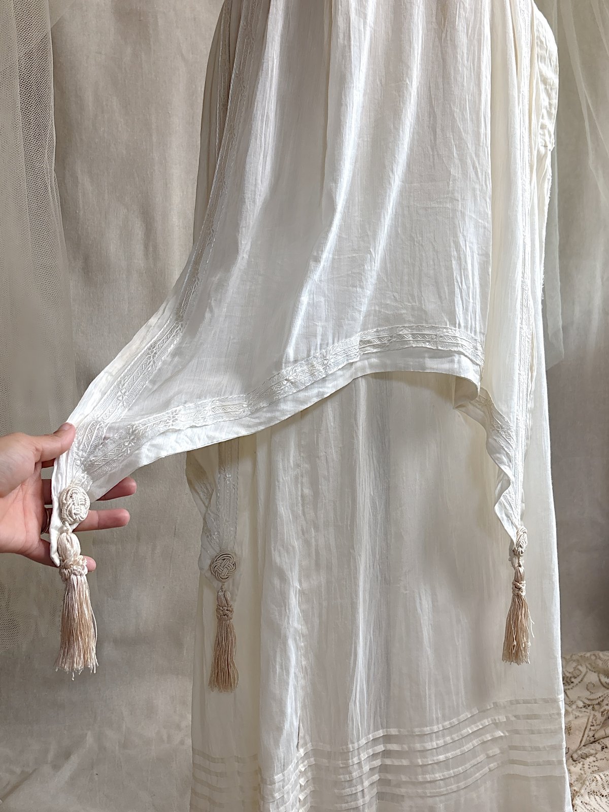 Antique 1910's - 1920's Dress - Soft White Natural Pongee Silk with Moth Embroidery & Tablier Overskirt | XXS, XS - Daggers & Dames