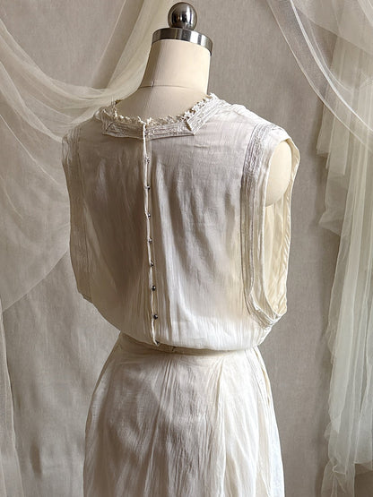 Antique 1910's - 1920's Dress - Soft White Natural Pongee Silk with Moth Embroidery & Tablier Overskirt | XXS, XS - Daggers & Dames
