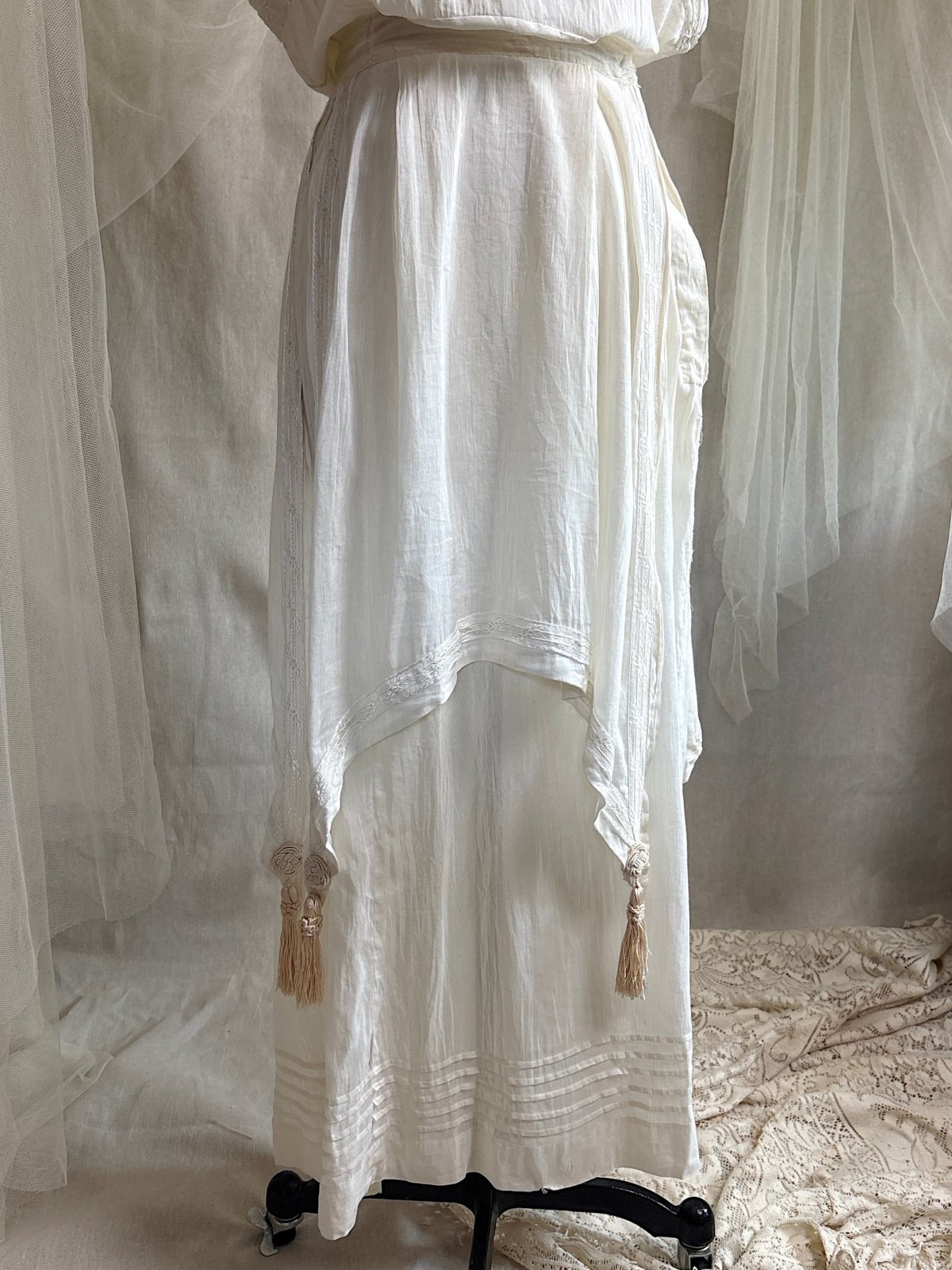 Antique 1910's - 1920's Dress - Soft White Natural Pongee Silk with Moth Embroidery & Tablier Overskirt | XXS, XS - Daggers & Dames