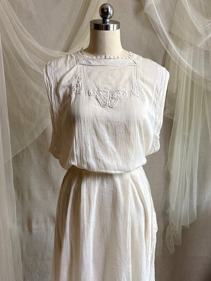 Antique 1910's - 1920's Dress - Soft White Natural Pongee Silk with Moth Embroidery & Tablier Overskirt | XXS, XS - Daggers & Dames