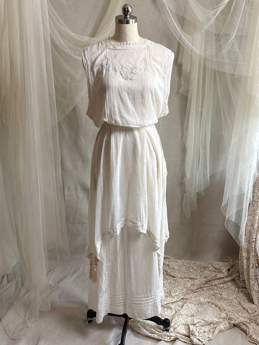 Antique 1910's - 1920's Dress - Soft White Natural Pongee Silk with Moth Embroidery & Tablier Overskirt | XXS, XS - Daggers & Dames