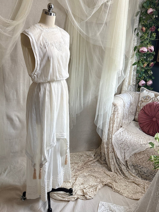 Antique 1910's - 1920's Dress - Soft White Natural Pongee Silk with Moth Embroidery & Tablier Overskirt | XXS, XS - Daggers & Dames