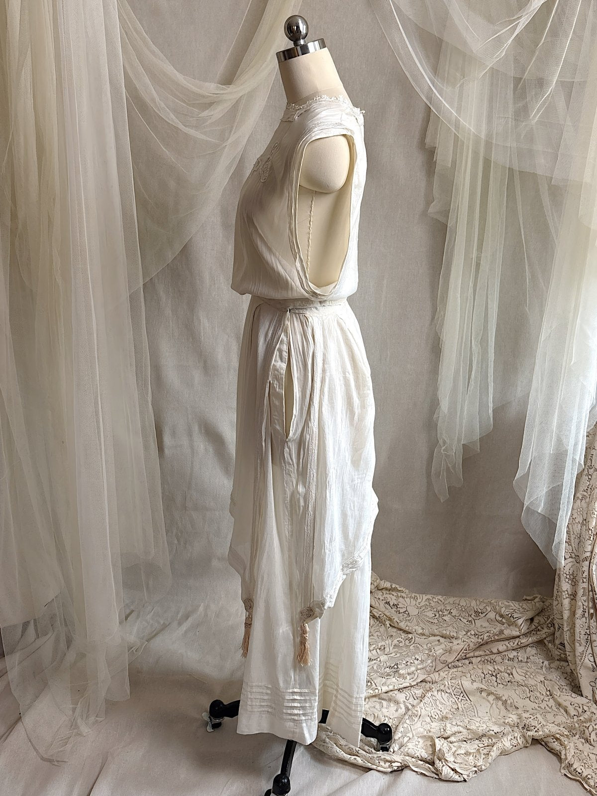 Antique 1910's - 1920's Dress - Soft White Natural Pongee Silk with Moth Embroidery & Tablier Overskirt | XXS, XS - Daggers & Dames