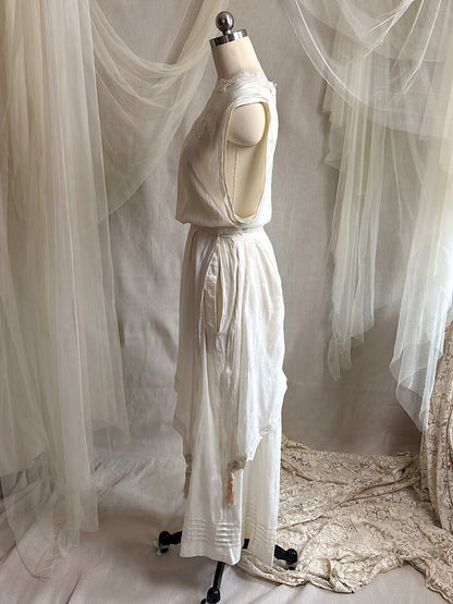 Antique 1910's - 1920's Dress - Soft White Natural Pongee Silk with Moth Embroidery & Tablier Overskirt | XXS, XS - Daggers & Dames