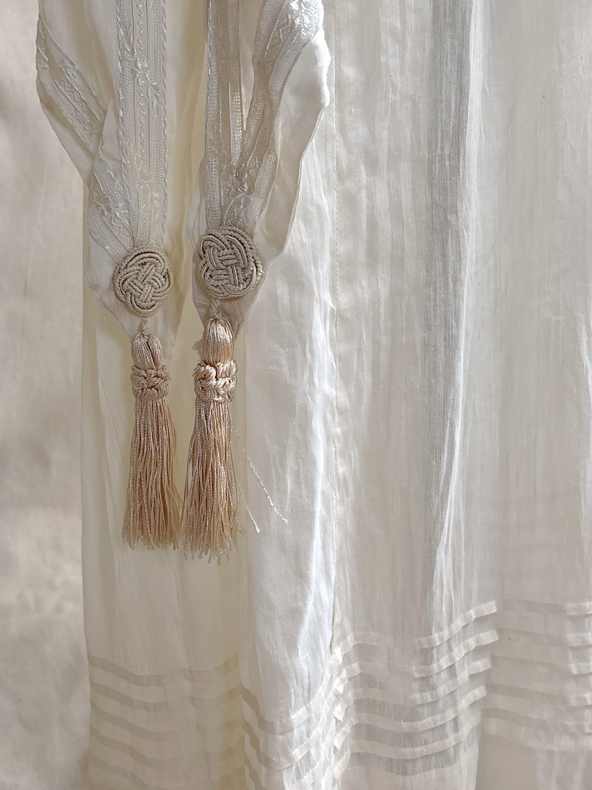 Antique 1910's - 1920's Dress - Soft White Natural Pongee Silk with Moth Embroidery & Tablier Overskirt | XXS, XS - Daggers & Dames
