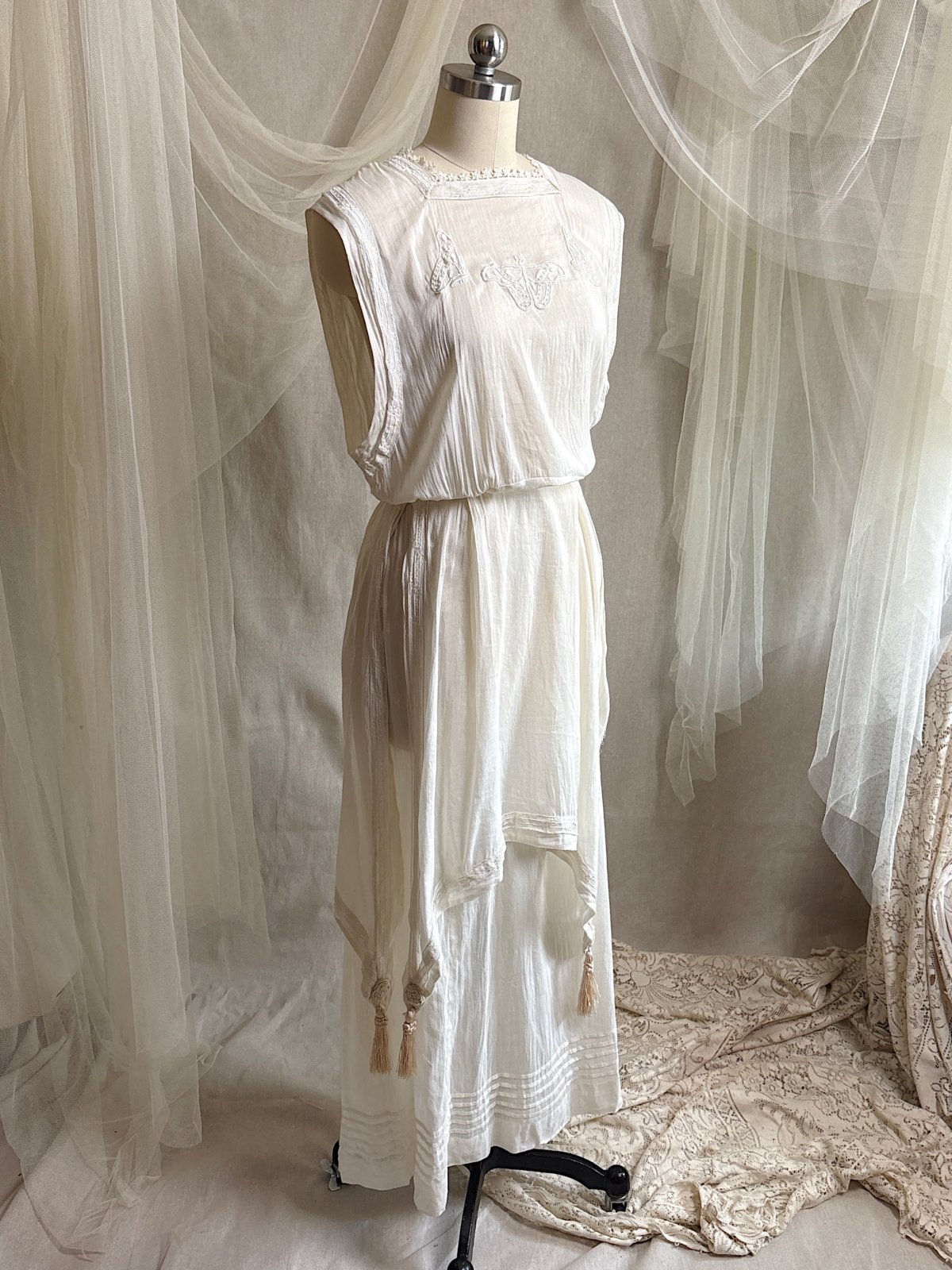 Antique 1910's - 1920's Dress - Soft White Natural Pongee Silk with Moth Embroidery & Tablier Overskirt | XXS, XS - Daggers & Dames