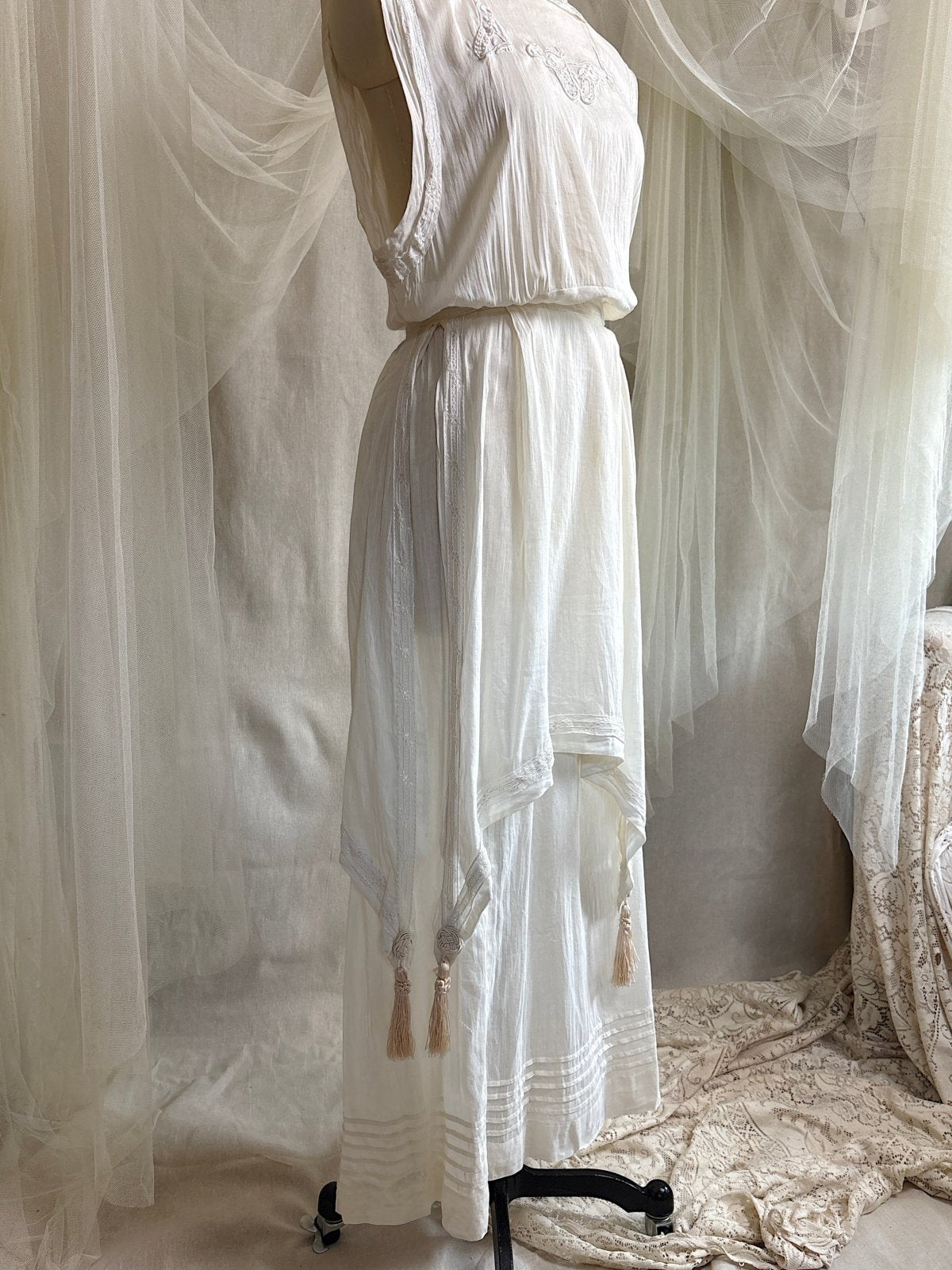 Antique 1910's - 1920's Dress - Soft White Natural Pongee Silk with Moth Embroidery & Tablier Overskirt | XXS, XS - Daggers & Dames