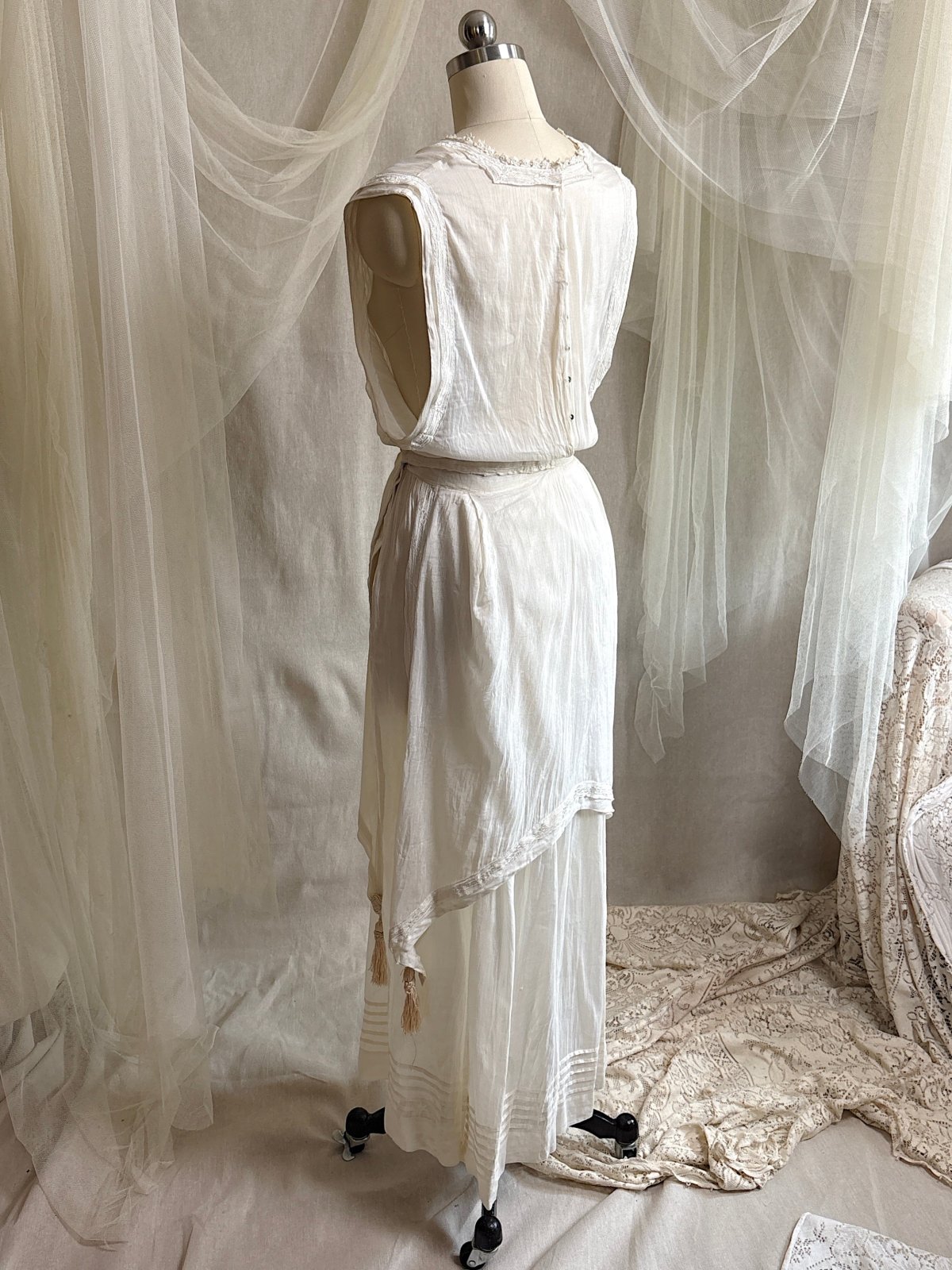 Antique 1910's - 1920's Dress - Soft White Natural Pongee Silk with Moth Embroidery & Tablier Overskirt | XXS, XS - Daggers & Dames