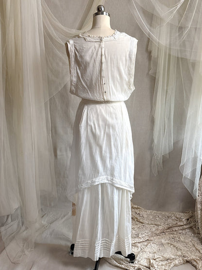 Antique 1910's - 1920's Dress - Soft White Natural Pongee Silk with Moth Embroidery & Tablier Overskirt | XXS, XS - Daggers & Dames