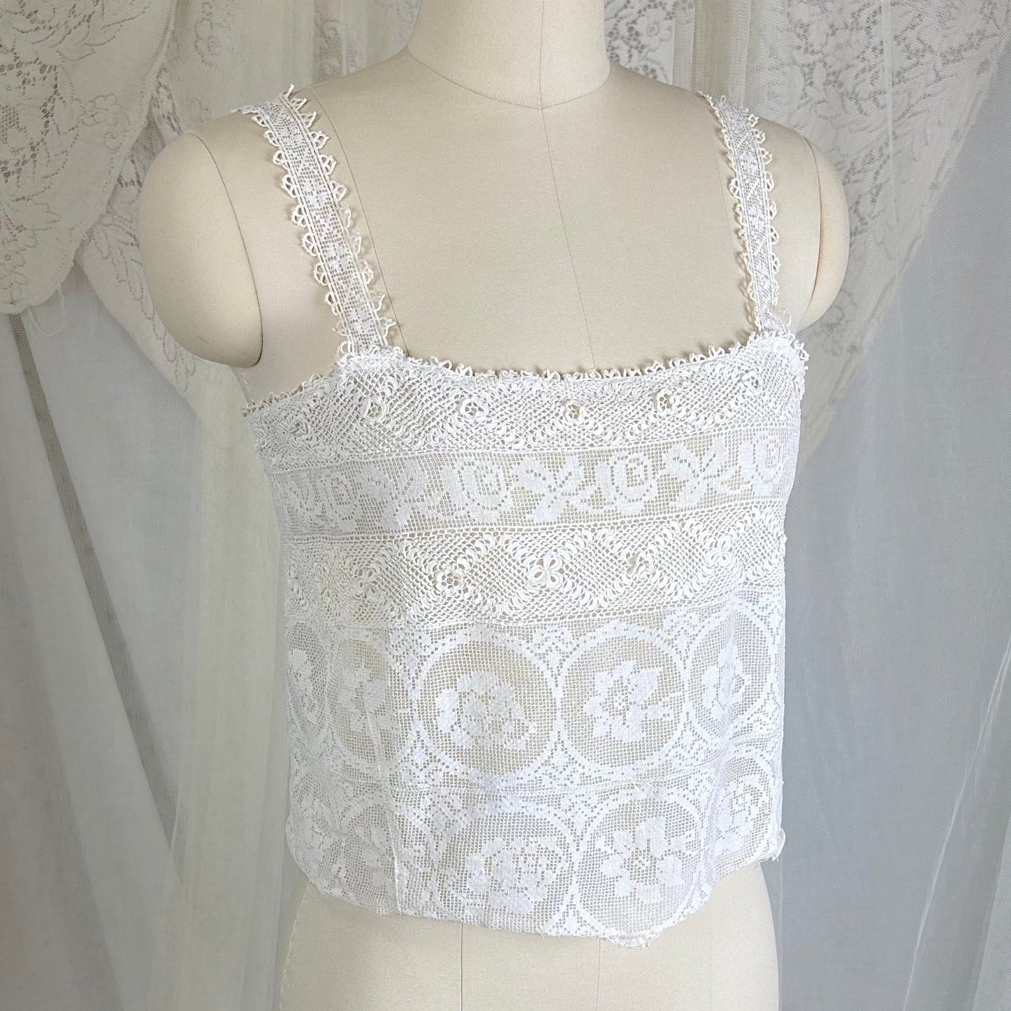Antique 1910's - 1920's Irish Crochet & Filet Mixed Lace Camisole by Lucile Somarco, size M - Daggers & Dames