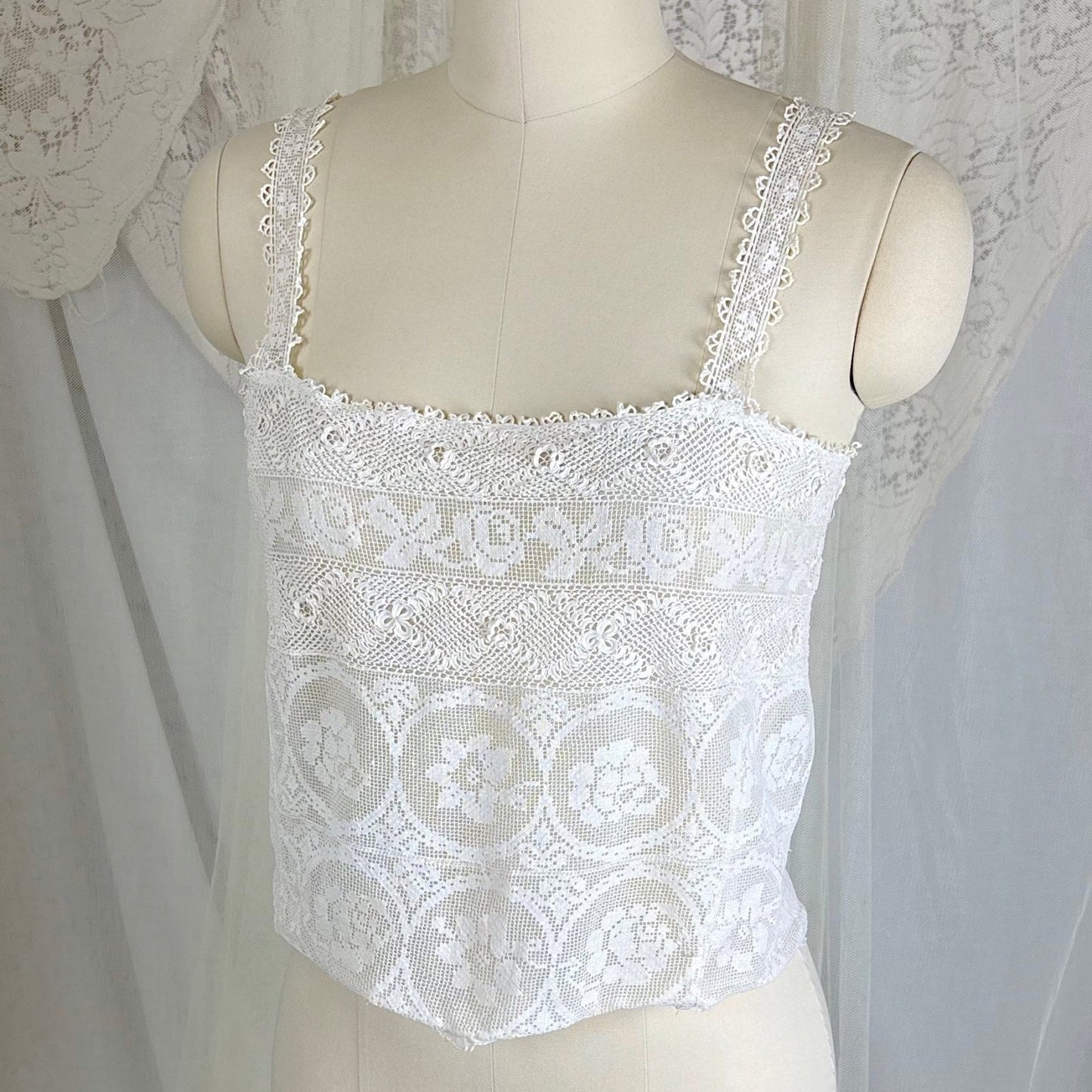 Antique 1910's - 1920's Irish Crochet & Filet Mixed Lace Camisole by Lucile Somarco, size M - Daggers & Dames