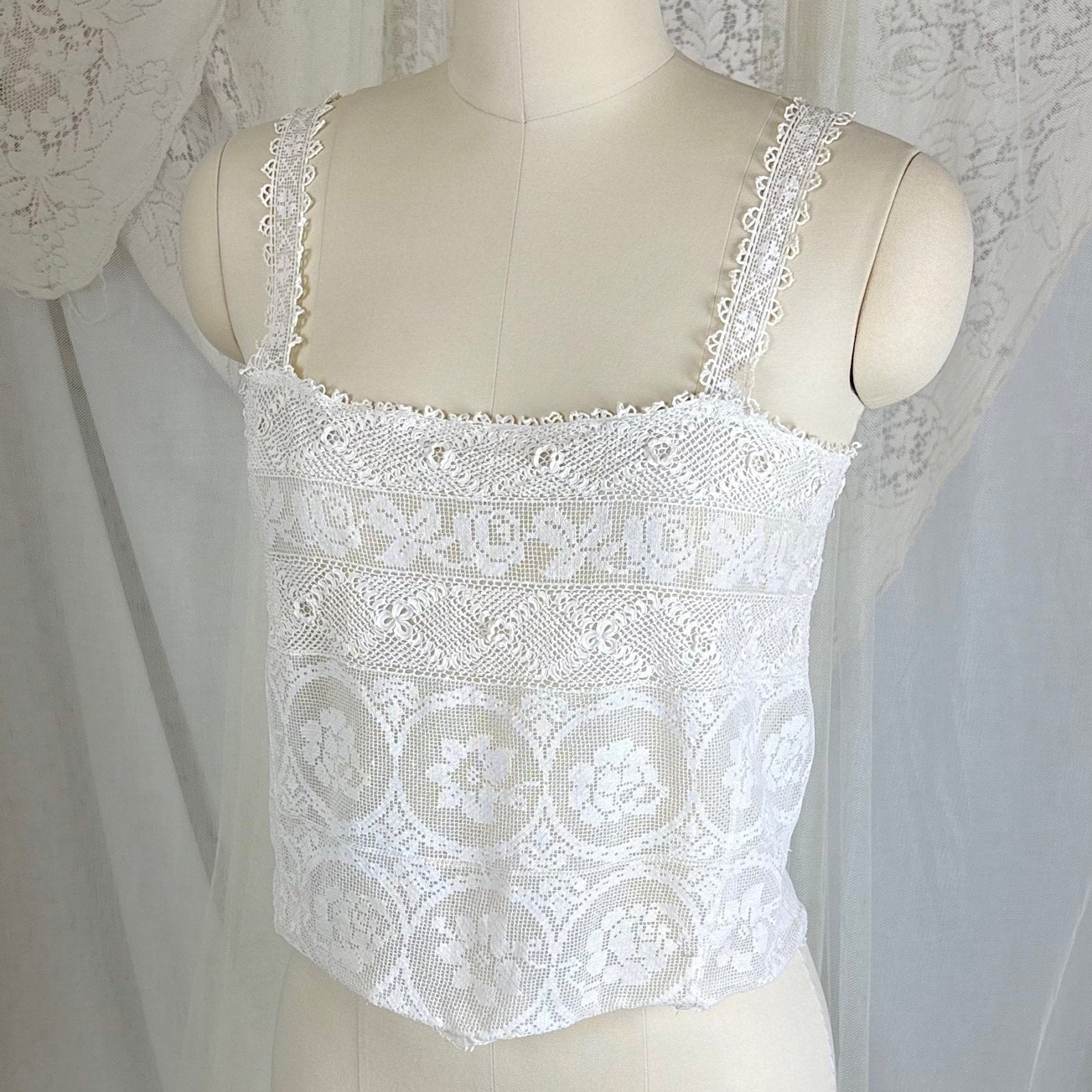 Antique 1910's - 1920's Irish Crochet & Filet Mixed Lace Camisole by Lucile Somarco, size M - Daggers & Dames