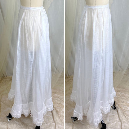 Antique 1910's Edwardian Semi - Sheer White Cotton Lawn Petticoat with Triple Layer Ruffled Hem, size XXS - Daggers & Dames