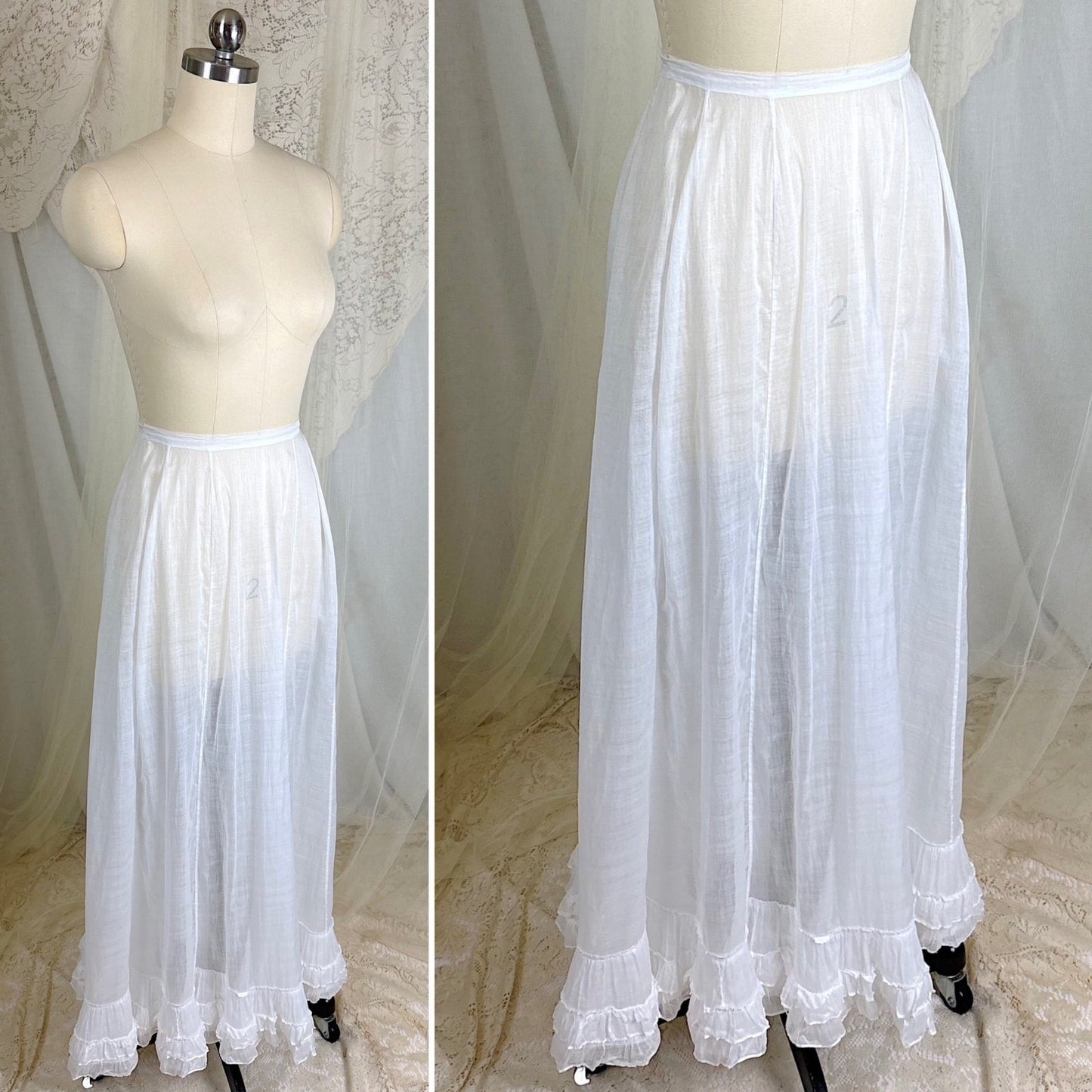 Antique 1910's Edwardian Semi - Sheer White Cotton Lawn Petticoat with Triple Layer Ruffled Hem, size XXS - Daggers & Dames
