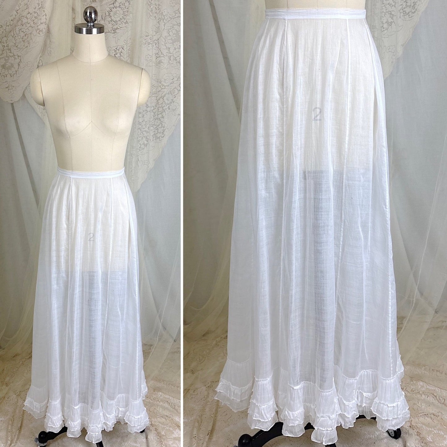Antique 1910's Edwardian Semi - Sheer White Cotton Lawn Petticoat with Triple Layer Ruffled Hem, size XXS - Daggers & Dames