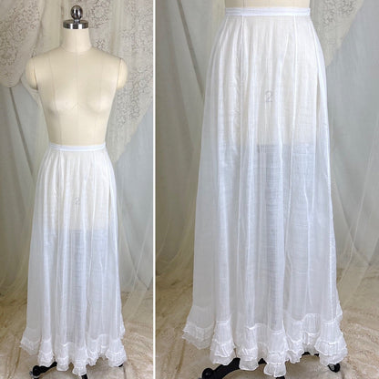 Antique 1910's Edwardian Semi - Sheer White Cotton Lawn Petticoat with Triple Layer Ruffled Hem, size XXS - Daggers & Dames