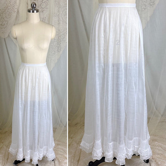Antique 1910's Edwardian Semi - Sheer White Cotton Lawn Petticoat with Triple Layer Ruffled Hem, size XXS - Daggers & Dames