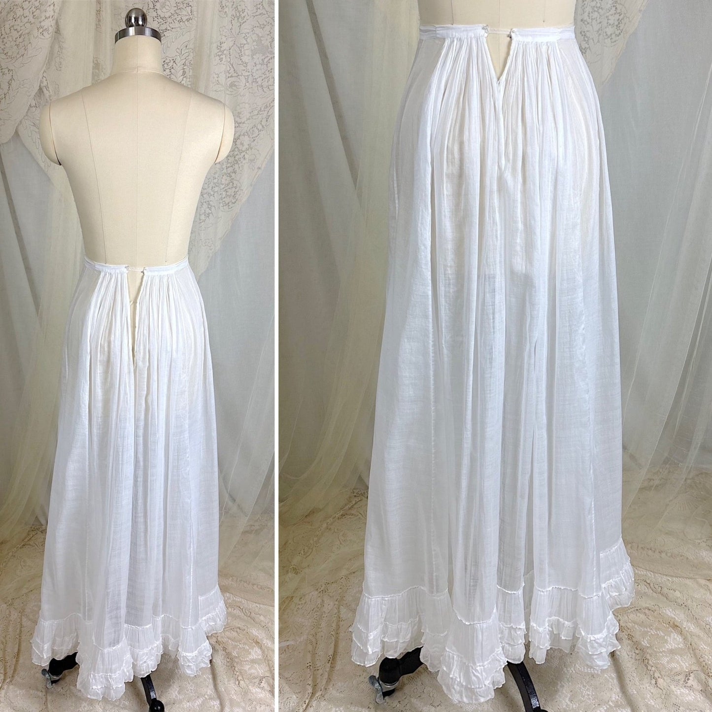 Antique 1910's Edwardian Semi - Sheer White Cotton Lawn Petticoat with Triple Layer Ruffled Hem, size XXS - Daggers & Dames