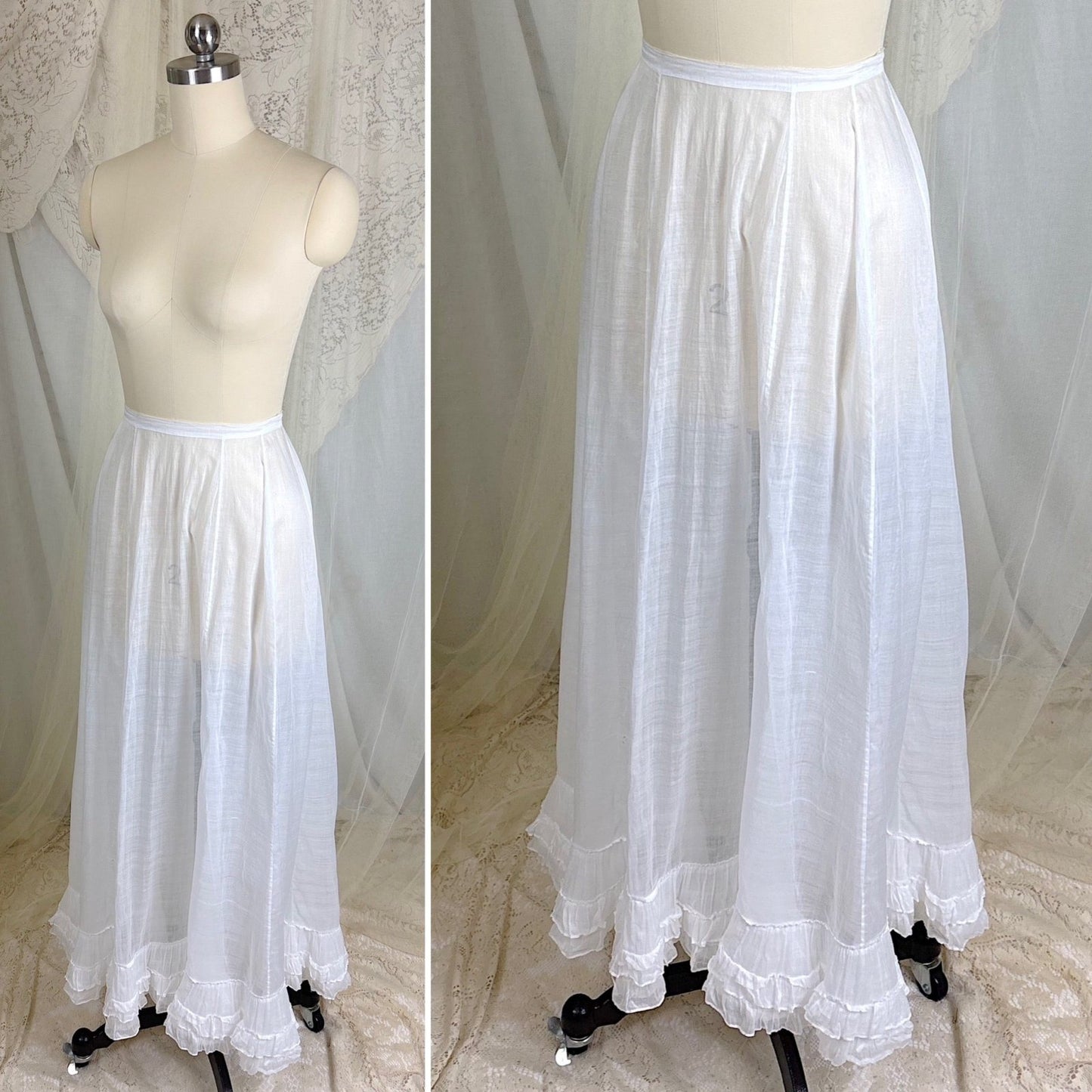 Antique 1910's Edwardian Semi - Sheer White Cotton Lawn Petticoat with Triple Layer Ruffled Hem, size XXS - Daggers & Dames