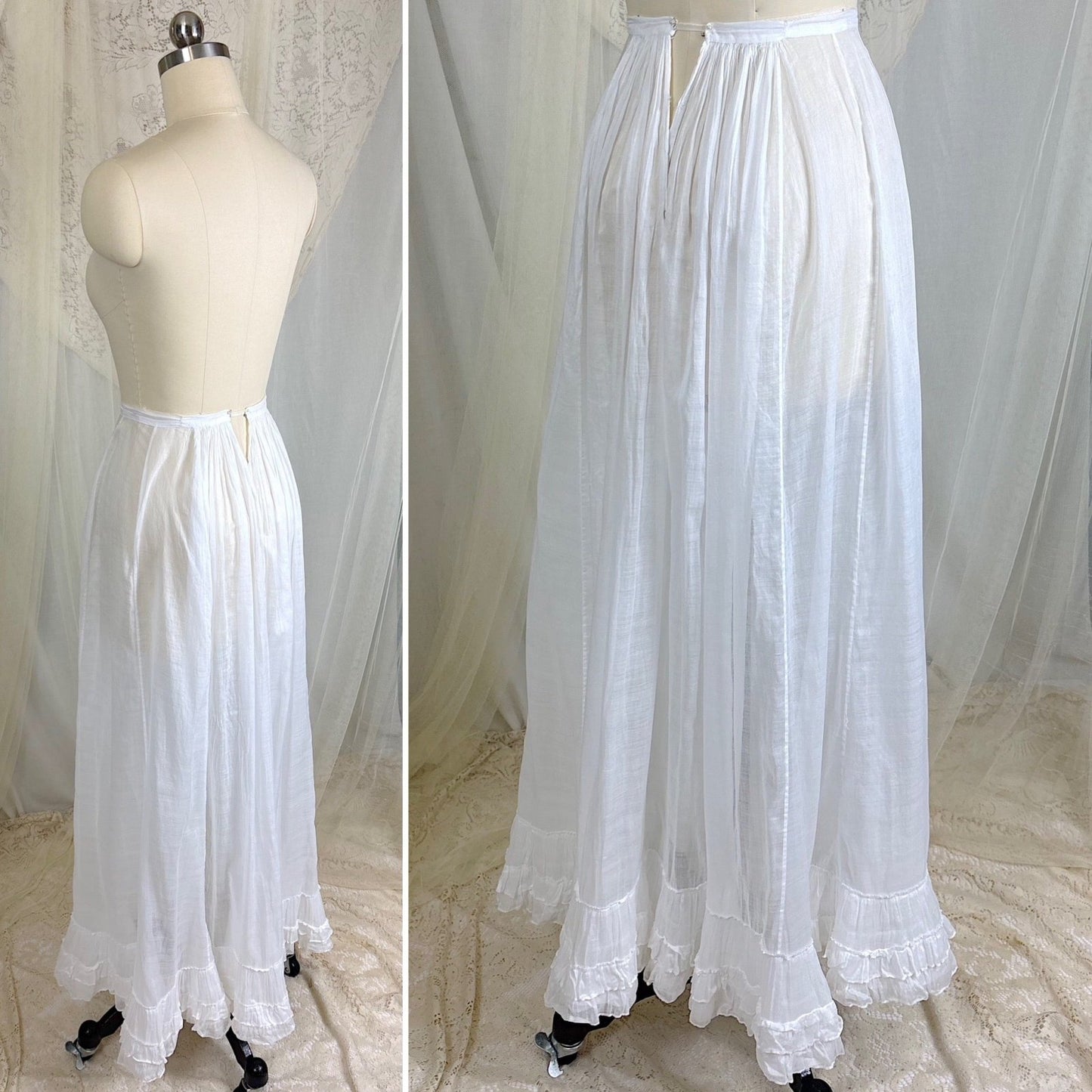 Antique 1910's Edwardian Semi - Sheer White Cotton Lawn Petticoat with Triple Layer Ruffled Hem, size XXS - Daggers & Dames