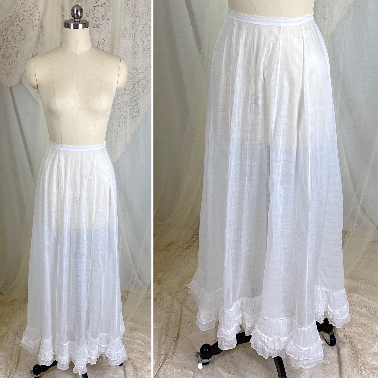 Antique 1910's Edwardian Semi - Sheer White Cotton Lawn Petticoat with Triple Layer Ruffled Hem, size XXS - Daggers & Dames