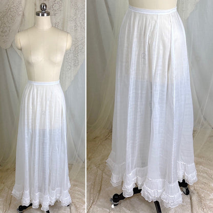 Antique 1910's Edwardian Semi - Sheer White Cotton Lawn Petticoat with Triple Layer Ruffled Hem, size XXS - Daggers & Dames