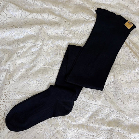 Antique 1920's Black Silk Knit Winter Stockings size 10, New with Original Tag - Daggers & Dames