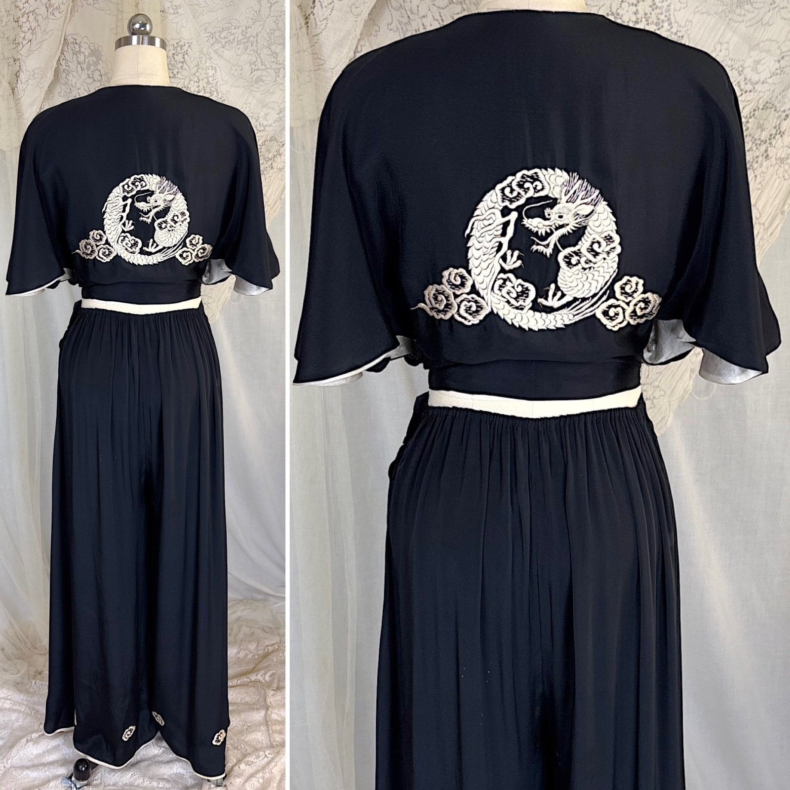 Antique 1920's Black & White Kimono Silk Lounge Set with Dragon Embroidery, size S, M - Daggers & Dames